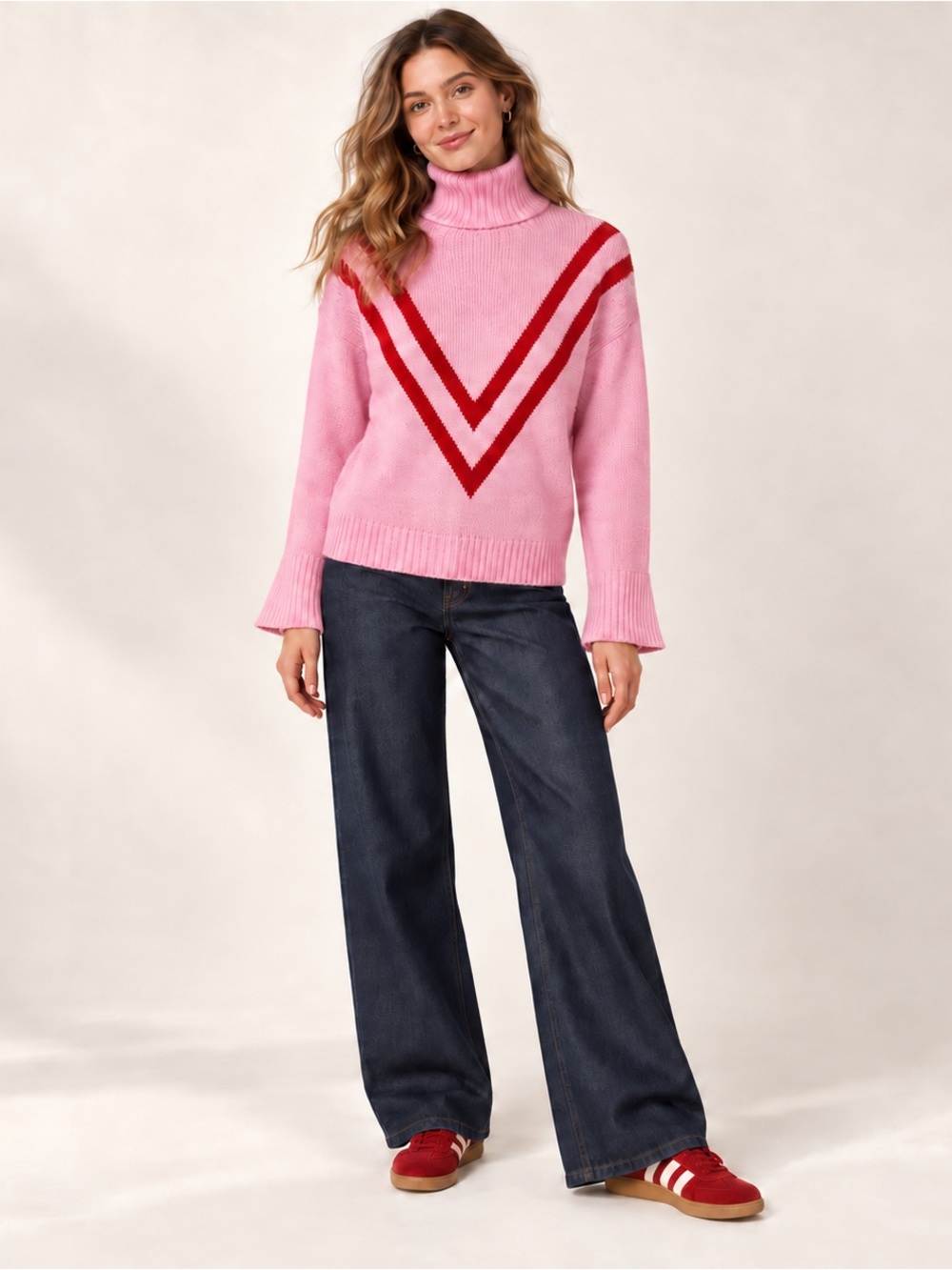 Lovers + Friends Pink Turtleneck Sweater with Red Accents